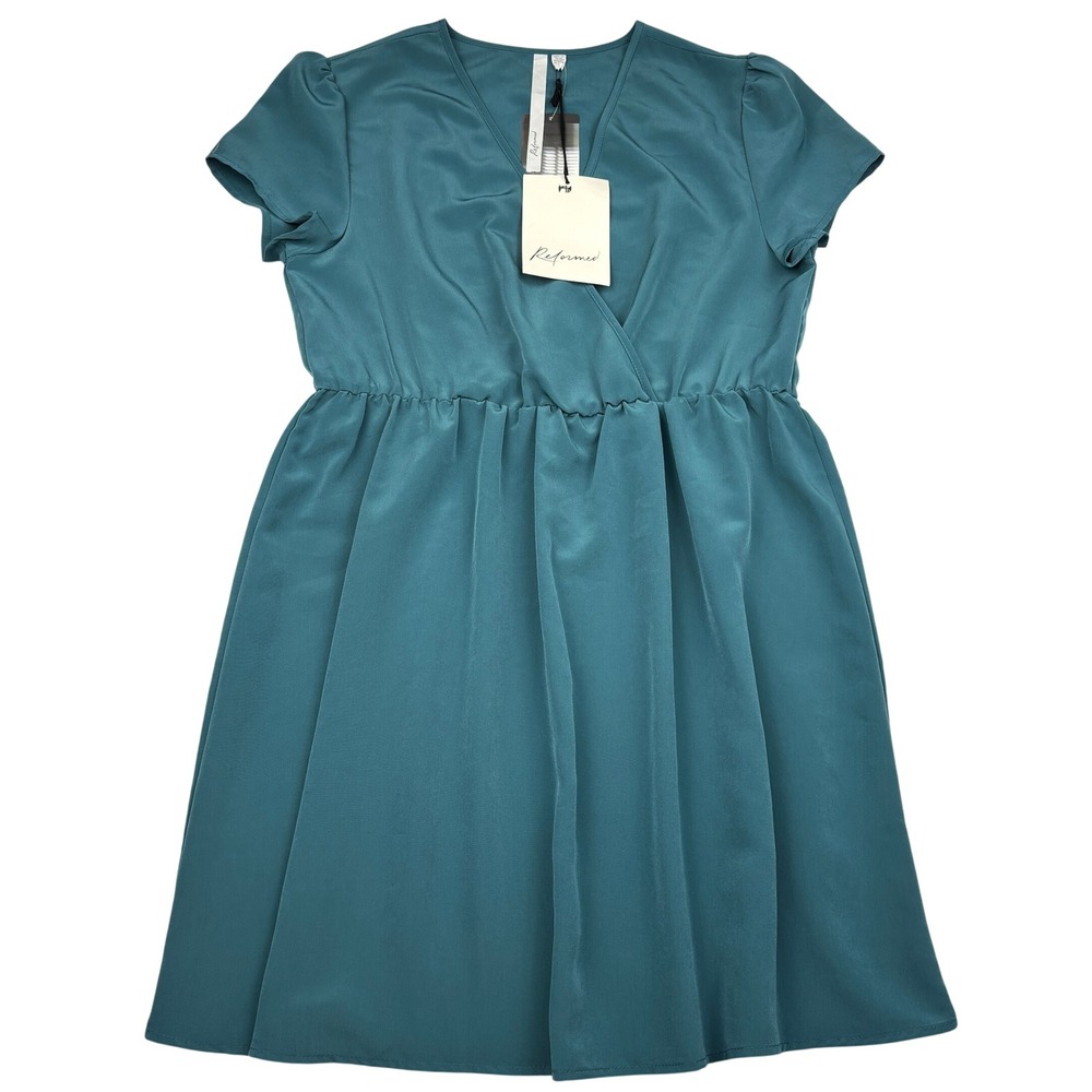 Reformed Urban Outfitters Wrap Mini Dress Womens Large Teal Blue Cap Sleeve NWT